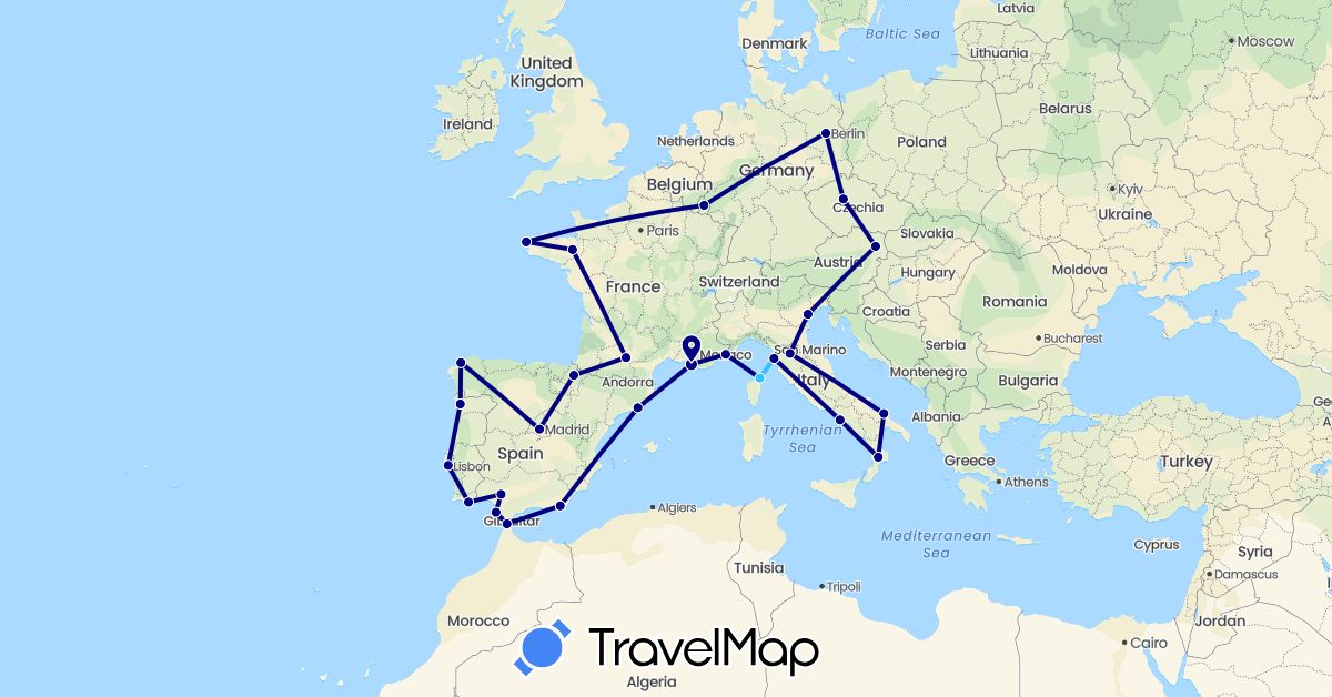 TravelMap itinerary: driving, boat in Austria, Czech Republic, Germany, Spain, France, Italy, Luxembourg, Monaco, Portugal (Europe)